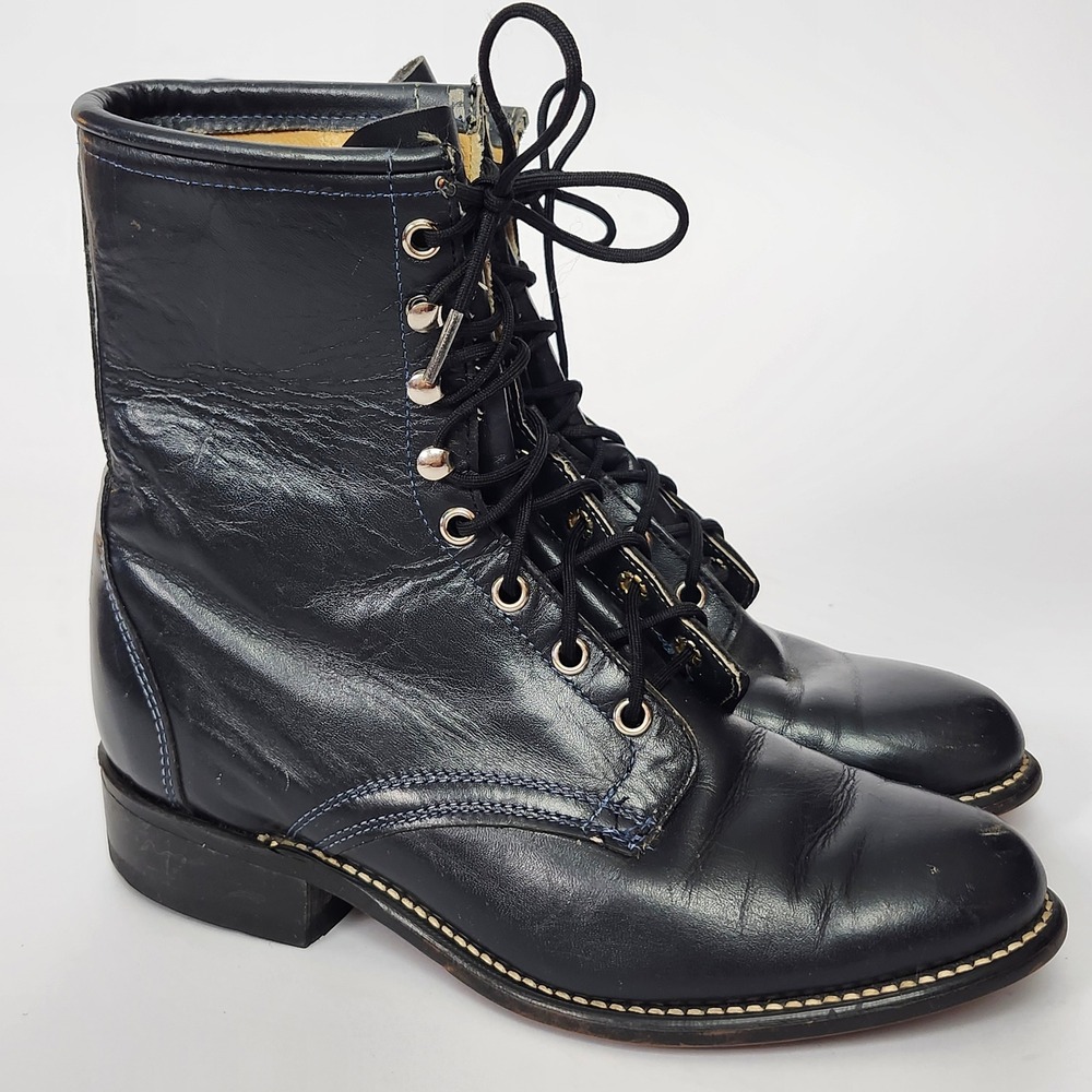 Vintage Laredo Black Leather Lace Up Roper Boots 8M Western Packer Made in USA
